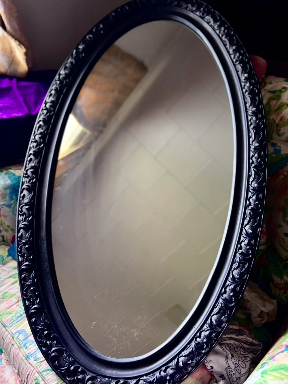 Classic Black Oval Wall Mirror with Ornate Frame